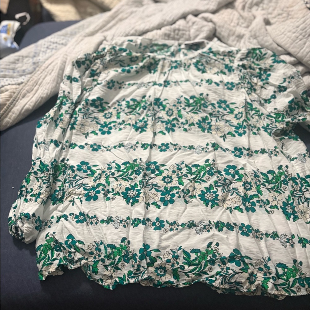 Lane Bryant Green and White Floral Blouse